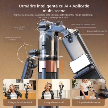 Selfie stick cu trepied și urmărire automată cu rotație de 360°, telecomandă, lumină de umplere, Bluetooth, corp din aliaj de aluminiu
