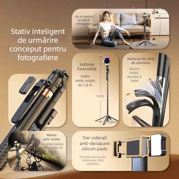 Selfie stick cu trepied și urmărire automată cu rotație de 360°, telecomandă, lumină de umplere, Bluetooth, corp din aliaj de aluminiu