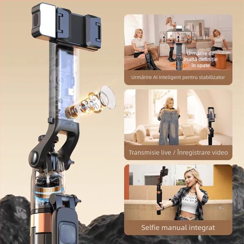 Selfie stick cu trepied și urmărire automată cu rotație de 360°, telecomandă, lumină de umplere, Bluetooth, corp din aliaj de aluminiu