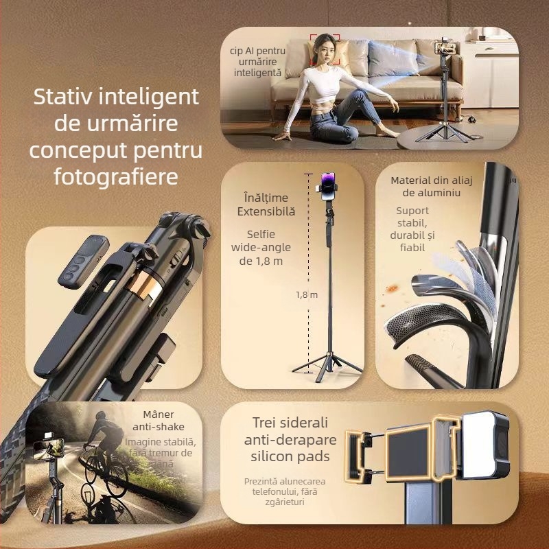 Selfie stick cu trepied și urmărire automată cu rotație de 360°, telecomandă, lumină de umplere, Bluetooth, corp din aliaj de aluminiu