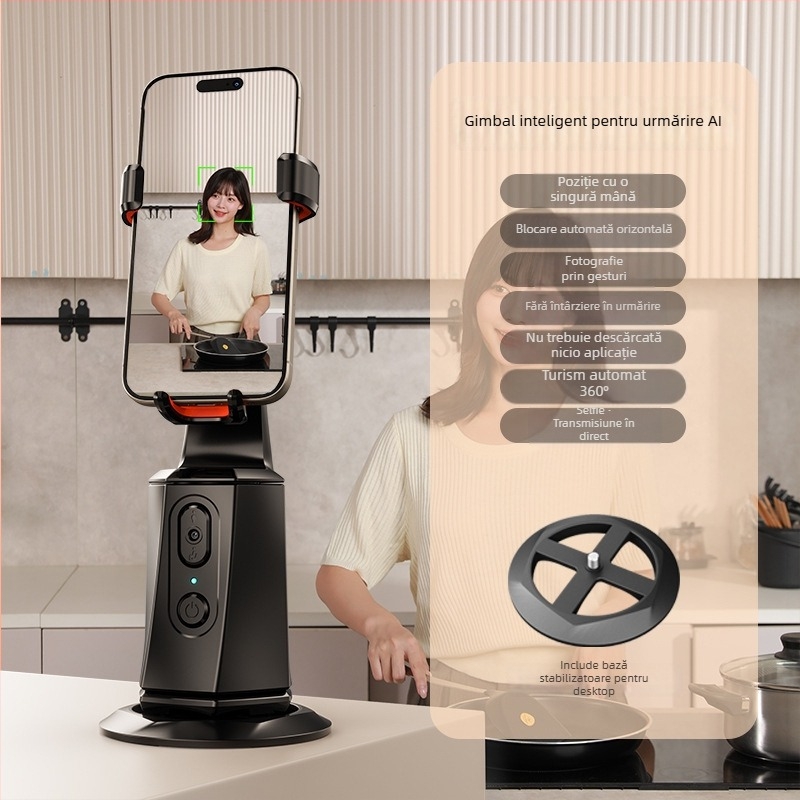 Selfie stick cu trepied și urmărire automată cu rotație de 360°, telecomandă, lumină de umplere, Bluetooth, corp din aliaj de aluminiu