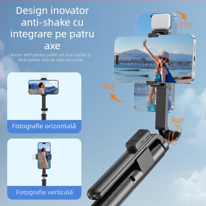 G20 selfie stick din aliaj de aluminiu, stabilizare anti-șoc cu patru picioare, telecomandă Bluetooth, iluminare 360°, utilizare manuală/podea