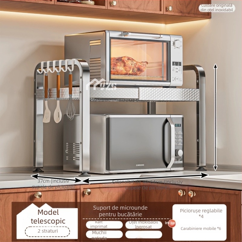 Raft de microunde din oțel inoxidabil, raft de depozitare cu mai multe niveluri pentru blat, suport bucătărie modern minimalist, model AQ-1841Y, număr de produs AQ-1841X