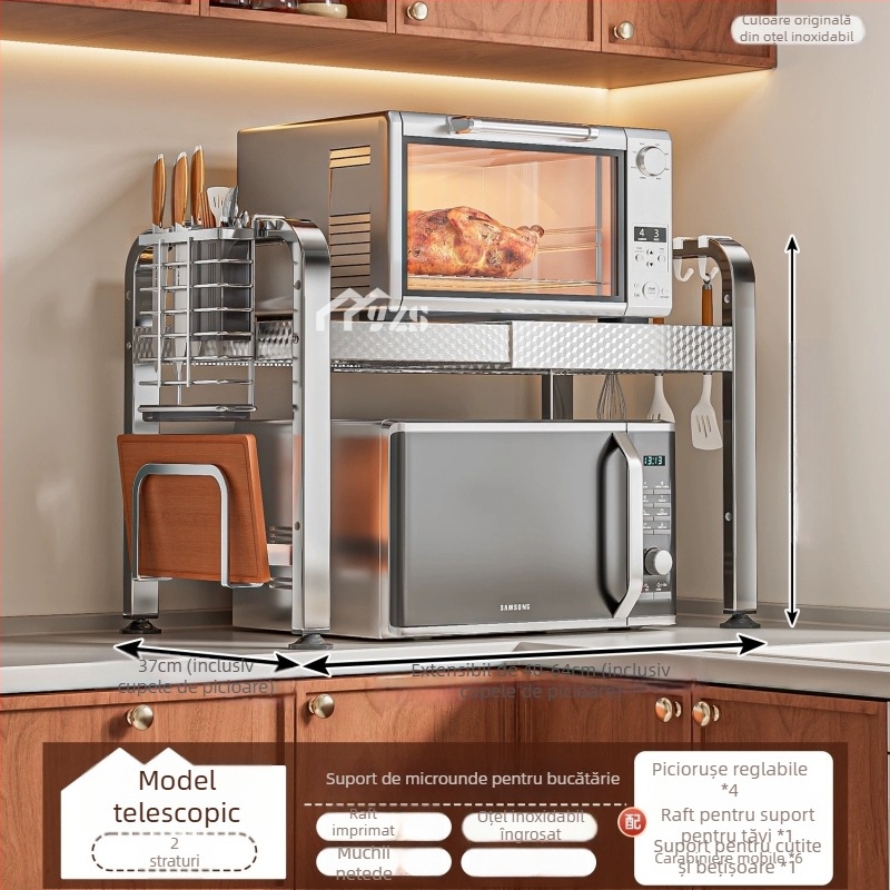 Raft de microunde din oțel inoxidabil, raft de depozitare cu mai multe niveluri pentru blat, suport bucătărie modern minimalist, model AQ-1841Y, număr de produs AQ-1841X