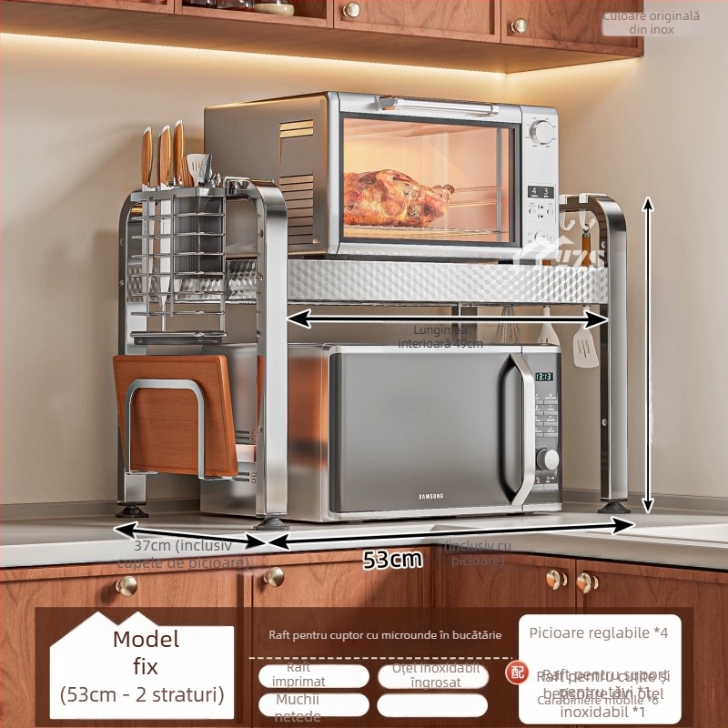 Raft de microunde din oțel inoxidabil, raft de depozitare cu mai multe niveluri pentru blat, suport bucătărie modern minimalist, model AQ-1841Y, număr de produs AQ-1841X