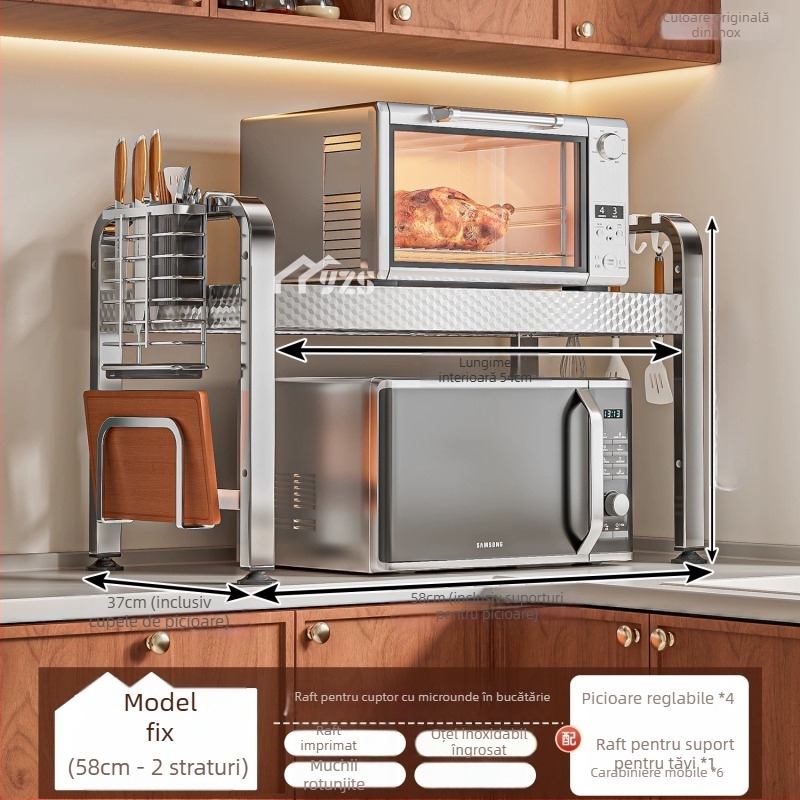 Raft de microunde din oțel inoxidabil, raft de depozitare cu mai multe niveluri pentru blat, suport bucătărie modern minimalist, model AQ-1841Y, număr de produs AQ-1841X