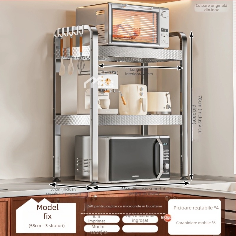 Raft de microunde din oțel inoxidabil, raft de depozitare cu mai multe niveluri pentru blat, suport bucătărie modern minimalist, model AQ-1841Y, număr de produs AQ-1841X