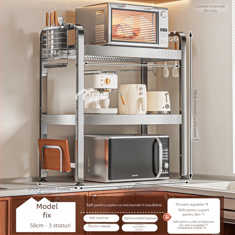 Raft de microunde din oțel inoxidabil, raft de depozitare cu mai multe niveluri pentru blat, suport bucătărie modern minimalist, model AQ-1841Y, număr de produs AQ-1841X