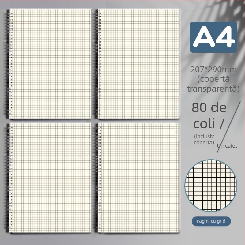 Caiet cu spirală, cu grilă și linii orizontale, ediție îngroșată pentru gimnaziu, liceu și examene de admitere la master