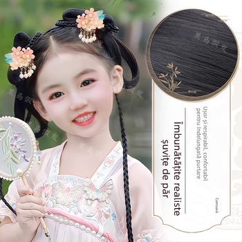 Perucă de cosplay pentru fete, stil retro Hanfu, lungime medie spre lungă, țesută manual, sârmă rezistentă la temperaturi înalte (țesută manual; sârmă rezistentă la temperaturi înalte; lungime medie-spre-lungă; perucă cosplay)