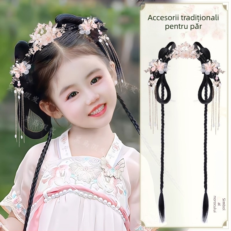 Perucă de cosplay pentru fete, stil retro Hanfu, lungime medie spre lungă, țesută manual, sârmă rezistentă la temperaturi înalte (țesută manual; sârmă rezistentă la temperaturi înalte; lungime medie-spre-lungă; perucă cosplay)