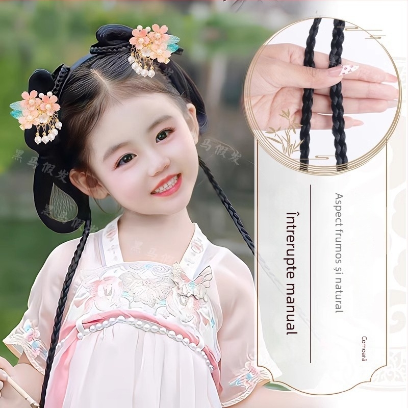 Perucă de cosplay pentru fete, stil retro Hanfu, lungime medie spre lungă, țesută manual, sârmă rezistentă la temperaturi înalte (țesută manual; sârmă rezistentă la temperaturi înalte; lungime medie-spre-lungă; perucă cosplay)