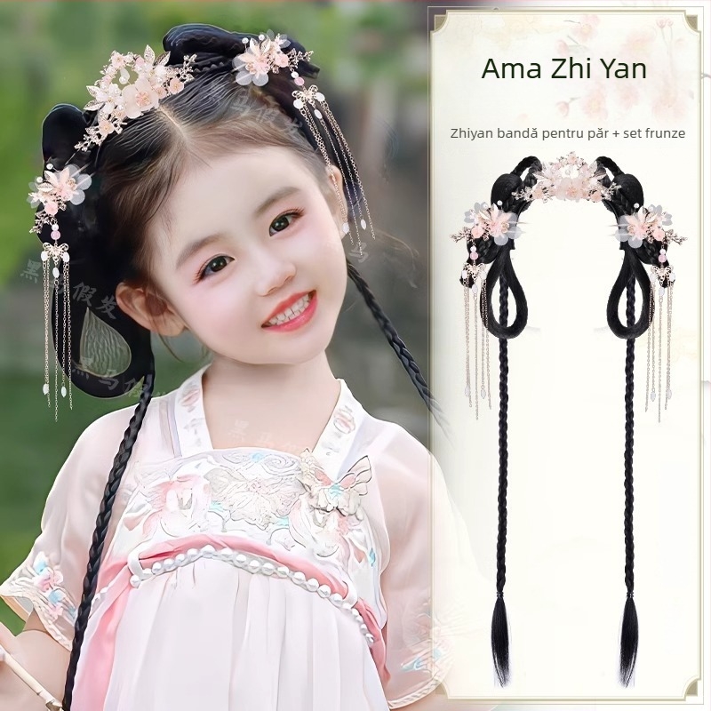 Perucă de cosplay pentru fete, stil retro Hanfu, lungime medie spre lungă, țesută manual, sârmă rezistentă la temperaturi înalte (țesută manual; sârmă rezistentă la temperaturi înalte; lungime medie-spre-lungă; perucă cosplay)