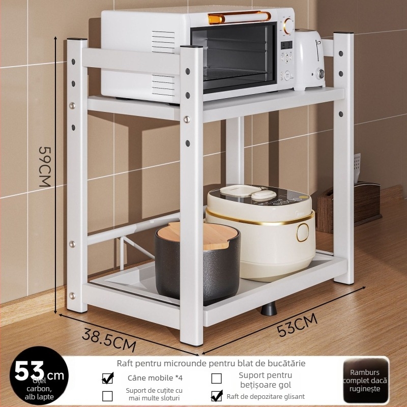 Raft de depozitare pentru cuptorul cu microunde și aparatele de bucătărie – glisant, design pe mai multe niveluri, pentru blat; oțel carbon; model 16018; brand Yimu Pinchuan; stil modern minimalist
