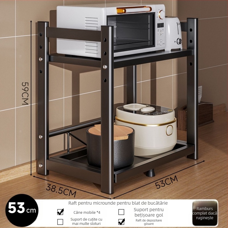 Raft de depozitare pentru cuptorul cu microunde și aparatele de bucătărie – glisant, design pe mai multe niveluri, pentru blat; oțel carbon; model 16018; brand Yimu Pinchuan; stil modern minimalist