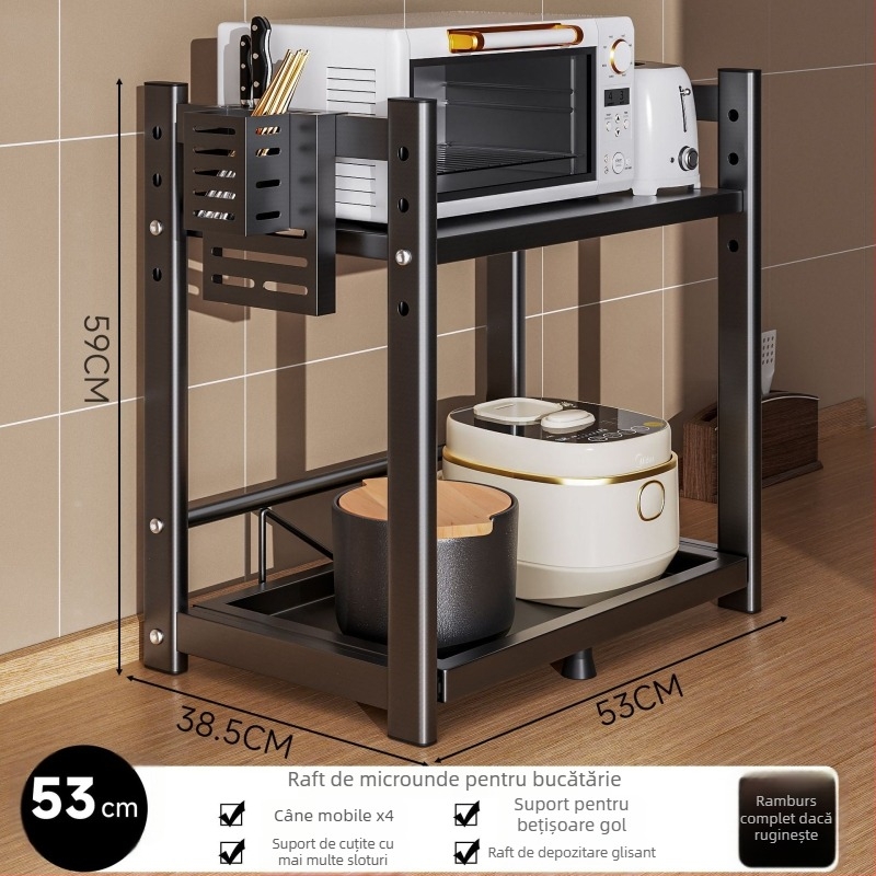 Raft de depozitare pentru cuptorul cu microunde și aparatele de bucătărie – glisant, design pe mai multe niveluri, pentru blat; oțel carbon; model 16018; brand Yimu Pinchuan; stil modern minimalist