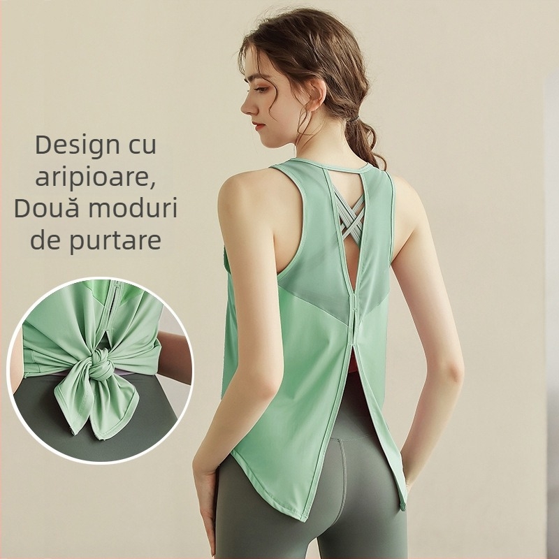 Vesta sport relaxată pentru yoga, din nylon, fără spate, lungime șolduri, uscare rapidă - Vara 2024