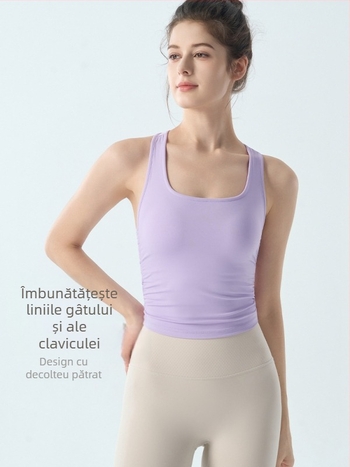 Vesta sport All-in-One pentru femei, bretele late, top de yoga cu absorbție a șocurilor pentru alergare și pilates, decolteu pătrat, croială mulată