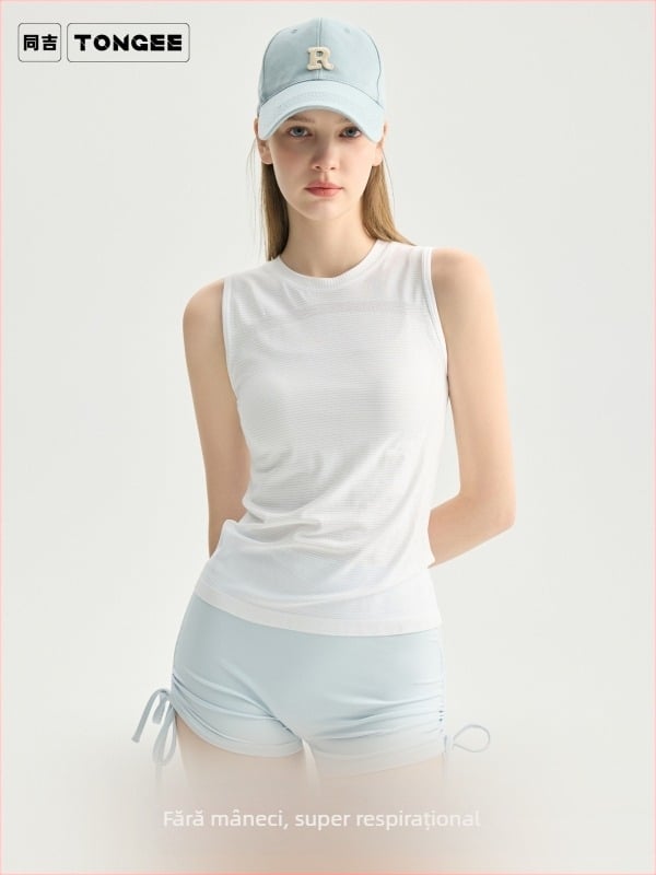 Top de fitness fără mâneci pentru femei, respirabil, uscare rapidă, din nylon 92%/spandex 8%, croială slim, lungime pe șolduri, fără bureți pentru piept