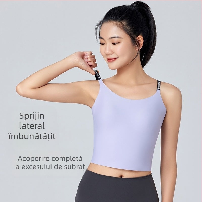 Top sport pentru femei, unic, cu respirabilitate, uscare rapidă și gestionare a umezelii; material nylon/spandex 67%/33%, cu pernă de sutien încorporată