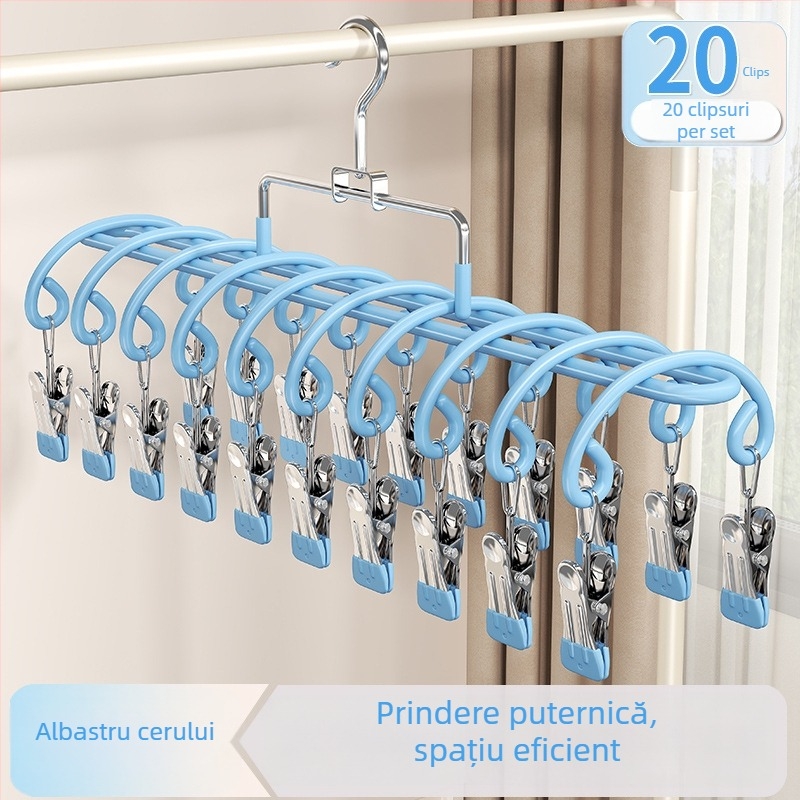 Raft de uscat șosete cu 20 cleme, oțel inoxidabil, design curbat modern, pentru interior și exterior