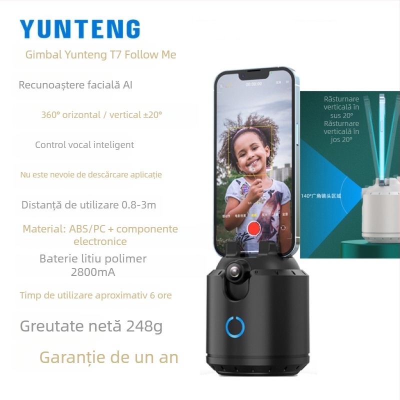 Gimbal stabilizator cu două axe pentru telefonul mobil Yunteng, rotație orizontală de 360°, limită de rotație de 360°, înclinare verticală de 15°, ABS+PC material