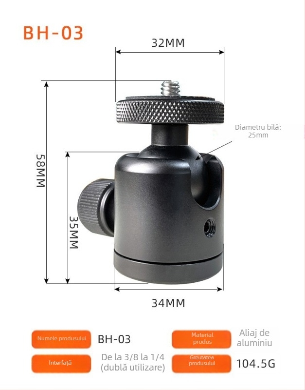 Cap balon din aliaj de aluminiu pentru trepied mini universal 360°, înclinare verticală de 90°, montaj manual, compatibilitate generală