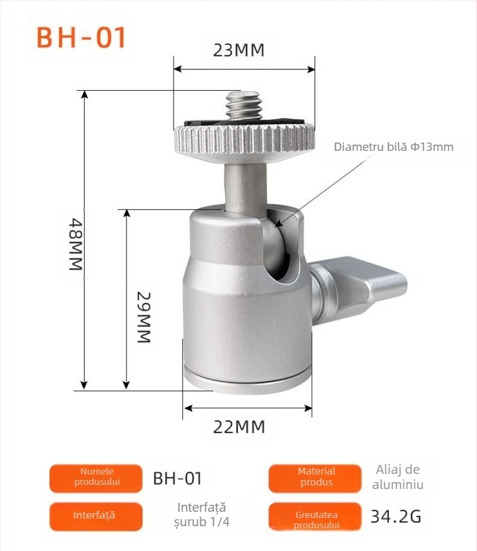 Cap balon din aliaj de aluminiu pentru trepied mini universal 360°, înclinare verticală de 90°, montaj manual, compatibilitate generală