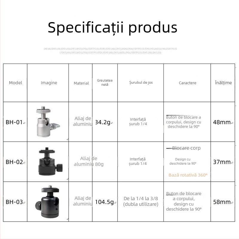 Cap balon din aliaj de aluminiu pentru trepied mini universal 360°, înclinare verticală de 90°, montaj manual, compatibilitate generală