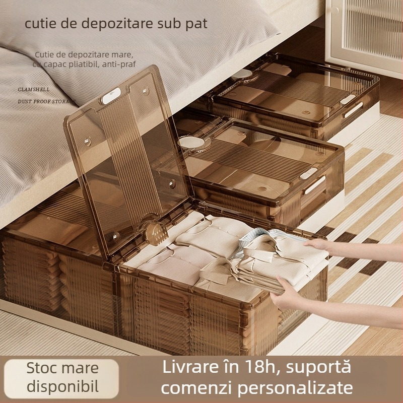 Cutie de depozitare sub pat, pliabilă, transparentă, capacitate 40–50 L, plastic (PP), cu role