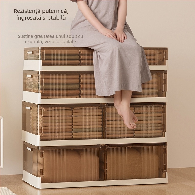 Cutie de depozitare sub pat, pliabilă, transparentă, capacitate 40–50 L, plastic (PP), cu role