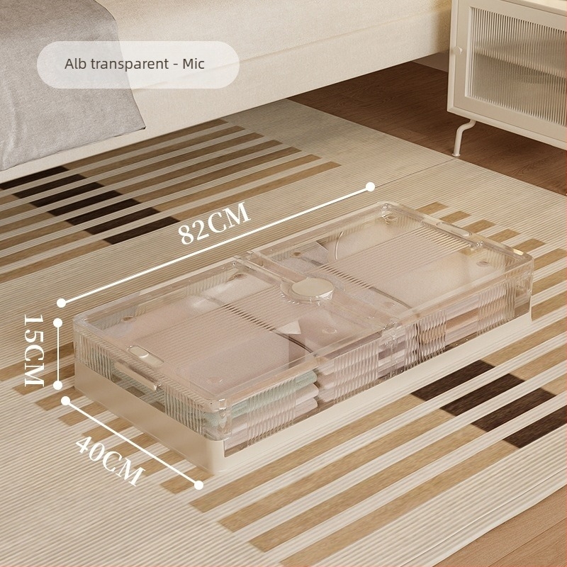 Cutie de depozitare sub pat, pliabilă, transparentă, capacitate 40–50 L, plastic (PP), cu role