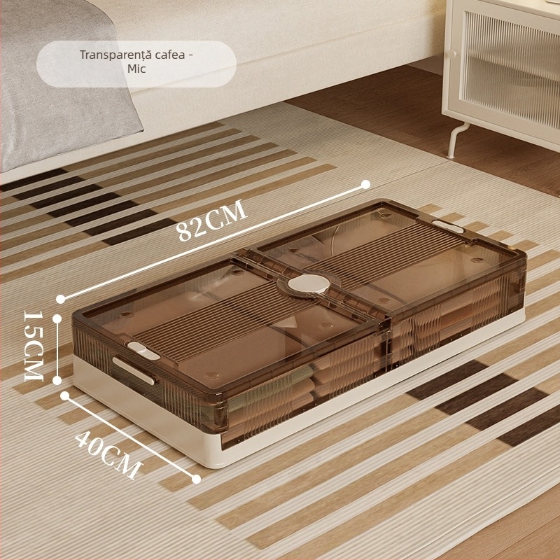 Cutie de depozitare sub pat, pliabilă, transparentă, capacitate 40–50 L, plastic (PP), cu role