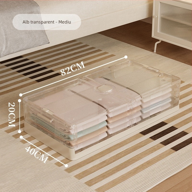 Cutie de depozitare sub pat, pliabilă, transparentă, capacitate 40–50 L, plastic (PP), cu role