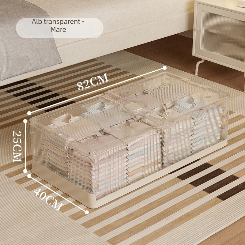 Cutie de depozitare sub pat, pliabilă, transparentă, capacitate 40–50 L, plastic (PP), cu role