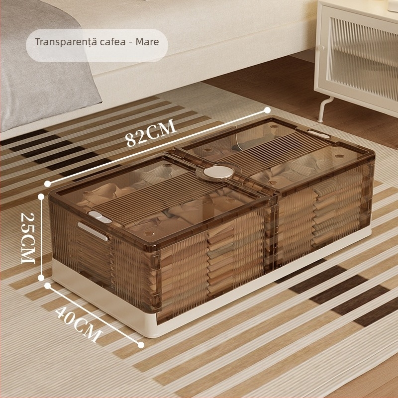 Cutie de depozitare sub pat, pliabilă, transparentă, capacitate 40–50 L, plastic (PP), cu role