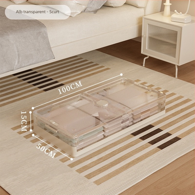 Cutie de depozitare sub pat, pliabilă, transparentă, capacitate 40–50 L, plastic (PP), cu role