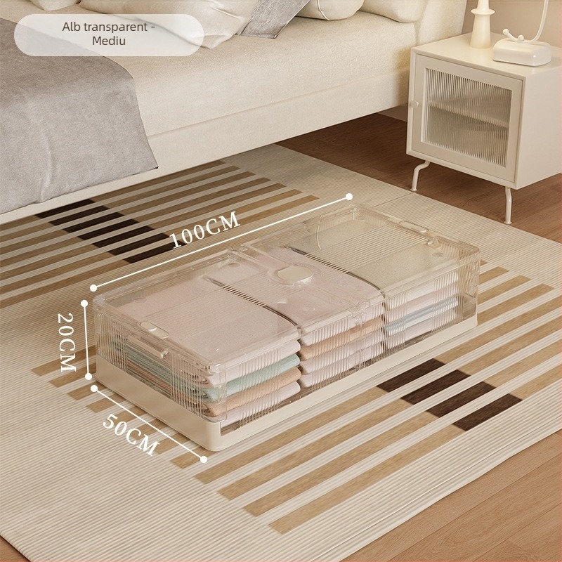 Cutie de depozitare sub pat, pliabilă, transparentă, capacitate 40–50 L, plastic (PP), cu role