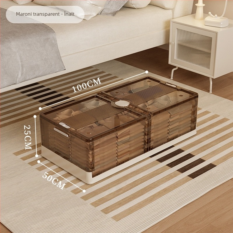 Cutie de depozitare sub pat, pliabilă, transparentă, capacitate 40–50 L, plastic (PP), cu role