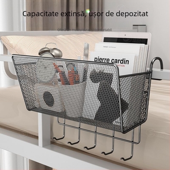 Raft metalic pentru lângă pat cu cârlige - portabil, demontabil, fără montaj, stil minimalist, 1 nivel, din oțel carbon