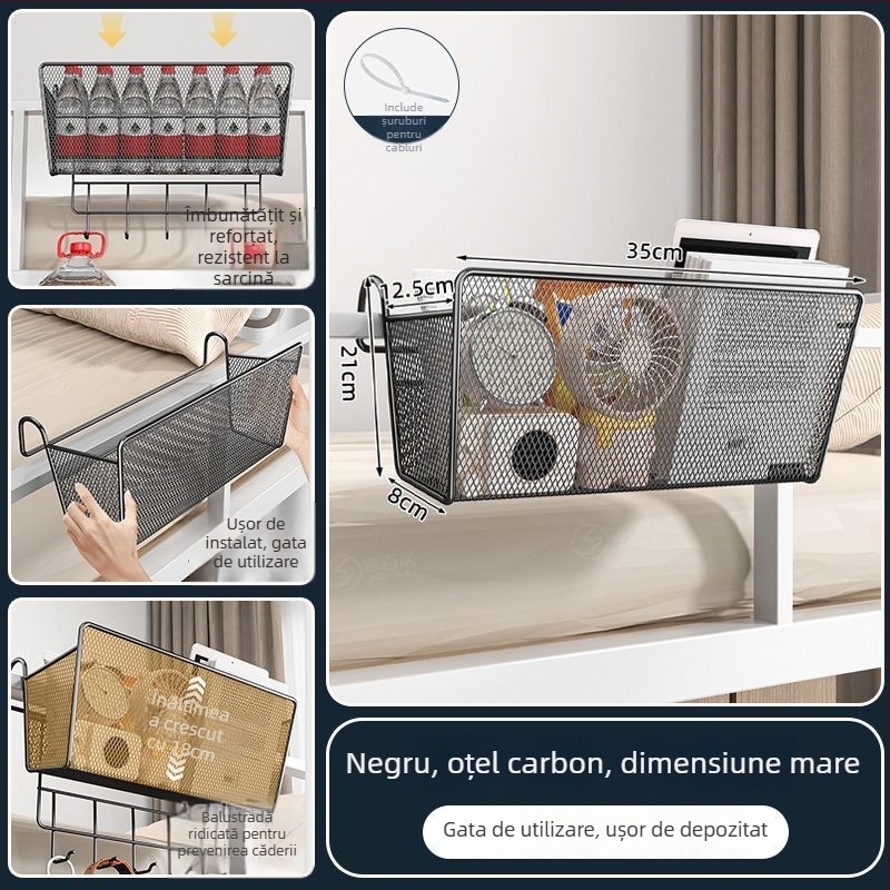 Raft metalic pentru lângă pat cu cârlige - portabil, demontabil, fără montaj, stil minimalist, 1 nivel, din oțel carbon