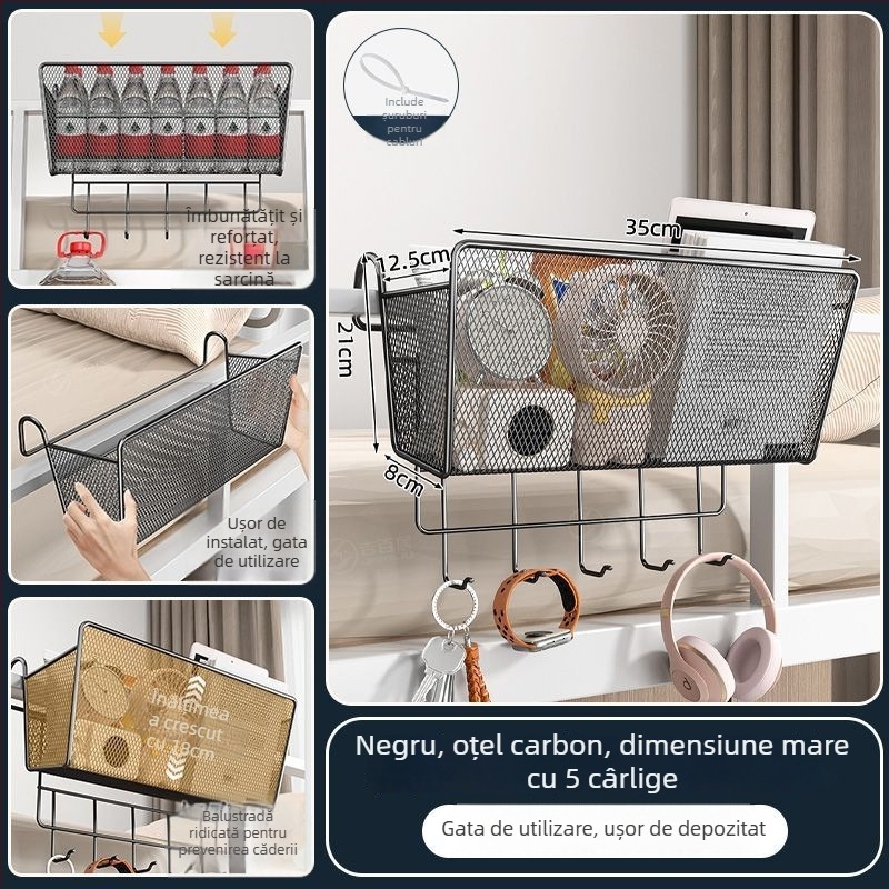 Raft metalic pentru lângă pat cu cârlige - portabil, demontabil, fără montaj, stil minimalist, 1 nivel, din oțel carbon