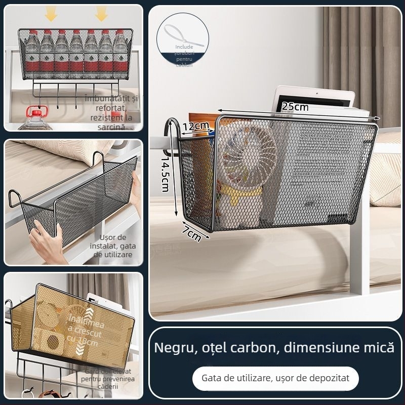 Raft metalic pentru lângă pat cu cârlige - portabil, demontabil, fără montaj, stil minimalist, 1 nivel, din oțel carbon