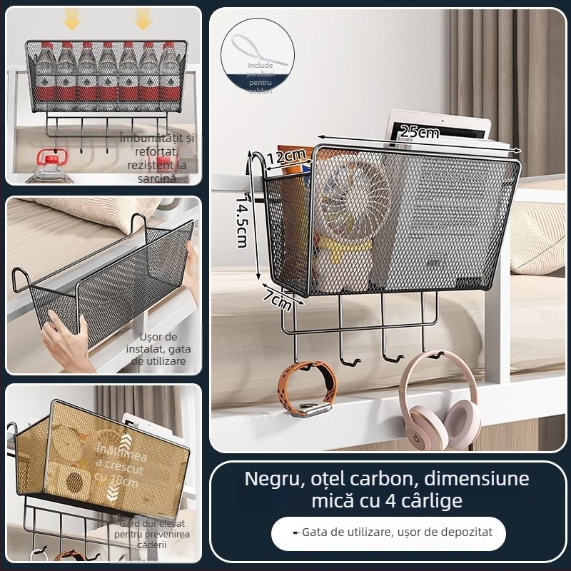 Raft metalic pentru lângă pat cu cârlige - portabil, demontabil, fără montaj, stil minimalist, 1 nivel, din oțel carbon