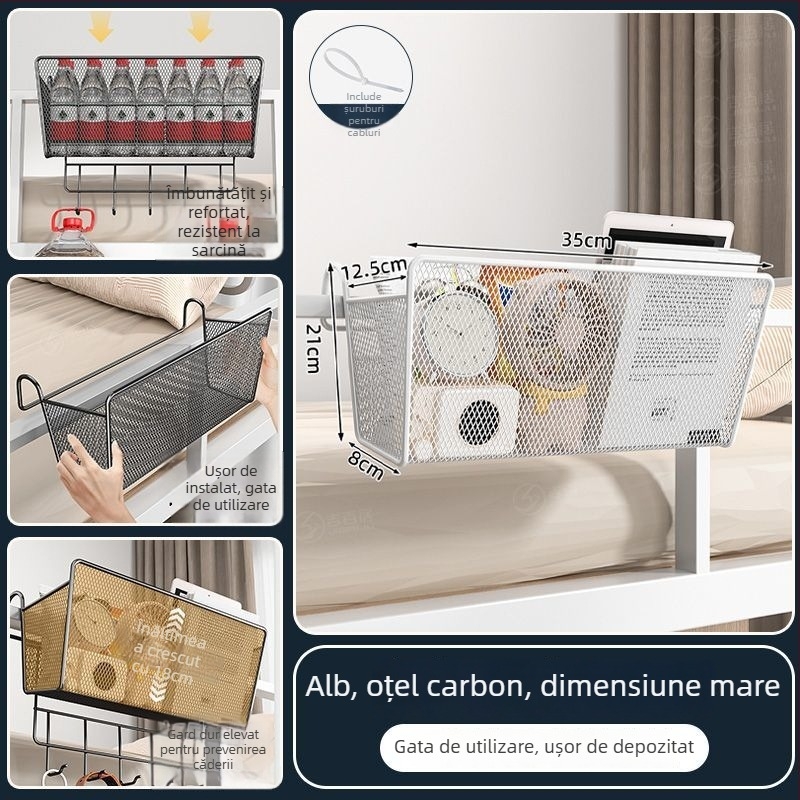 Raft metalic pentru lângă pat cu cârlige - portabil, demontabil, fără montaj, stil minimalist, 1 nivel, din oțel carbon