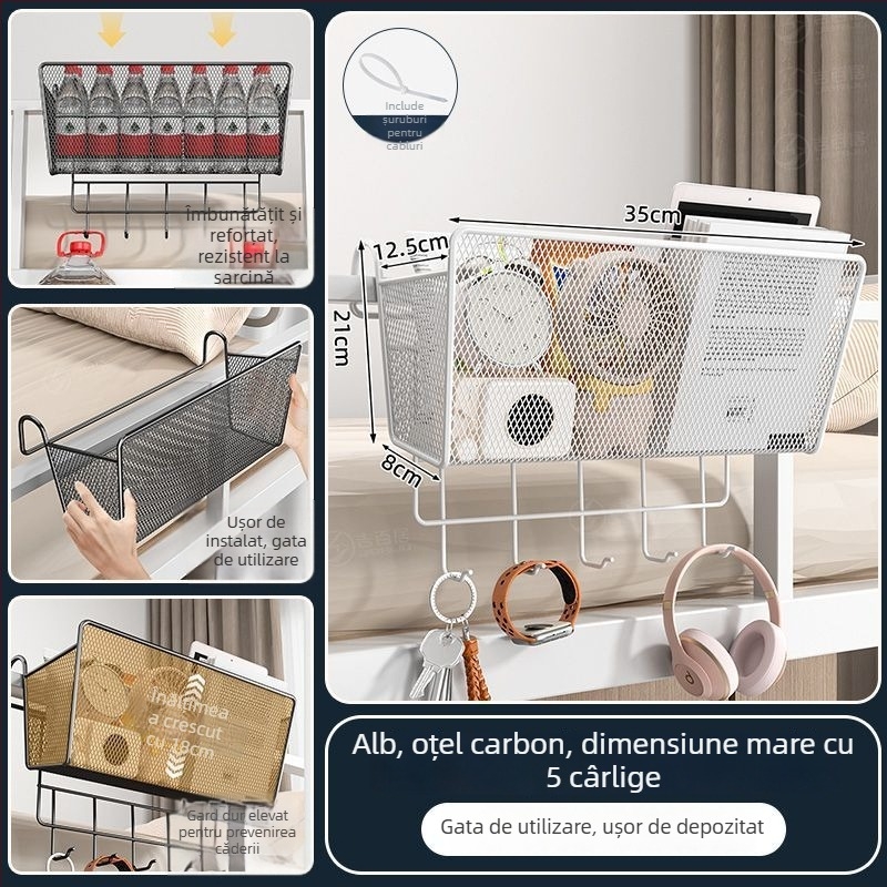 Raft metalic pentru lângă pat cu cârlige - portabil, demontabil, fără montaj, stil minimalist, 1 nivel, din oțel carbon