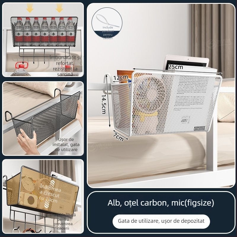 Raft metalic pentru lângă pat cu cârlige - portabil, demontabil, fără montaj, stil minimalist, 1 nivel, din oțel carbon