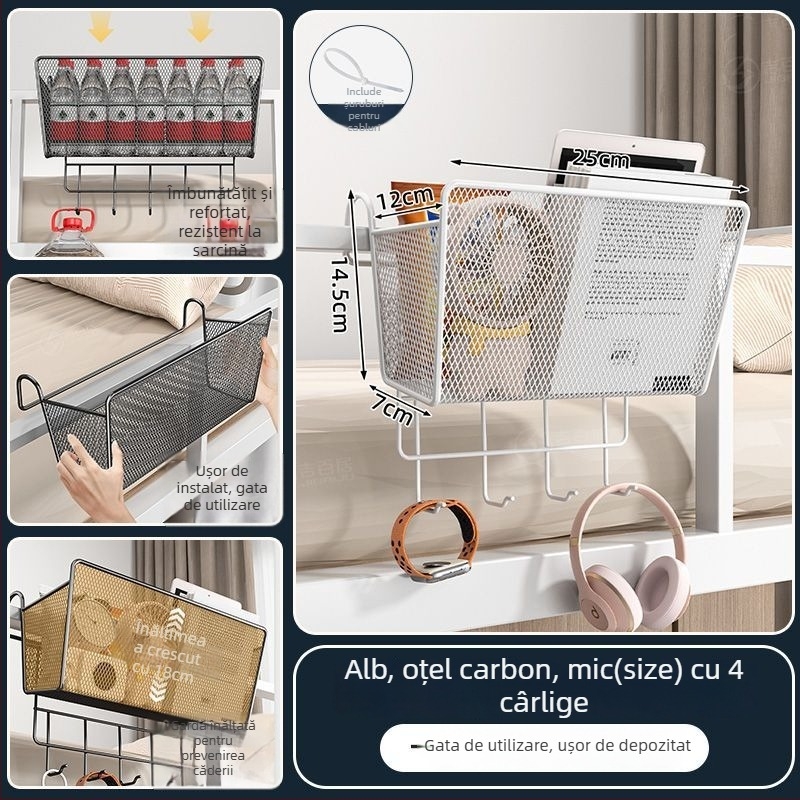 Raft metalic pentru lângă pat cu cârlige - portabil, demontabil, fără montaj, stil minimalist, 1 nivel, din oțel carbon
