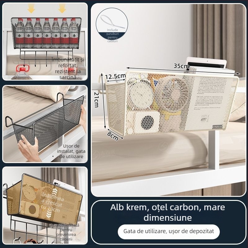 Raft metalic pentru lângă pat cu cârlige - portabil, demontabil, fără montaj, stil minimalist, 1 nivel, din oțel carbon