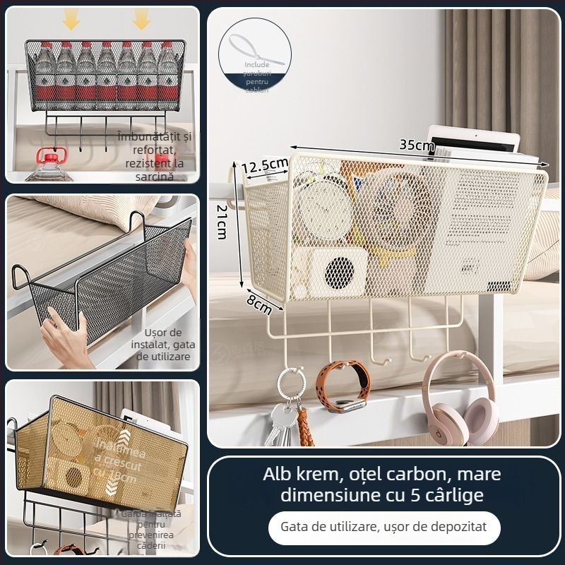 Raft metalic pentru lângă pat cu cârlige - portabil, demontabil, fără montaj, stil minimalist, 1 nivel, din oțel carbon